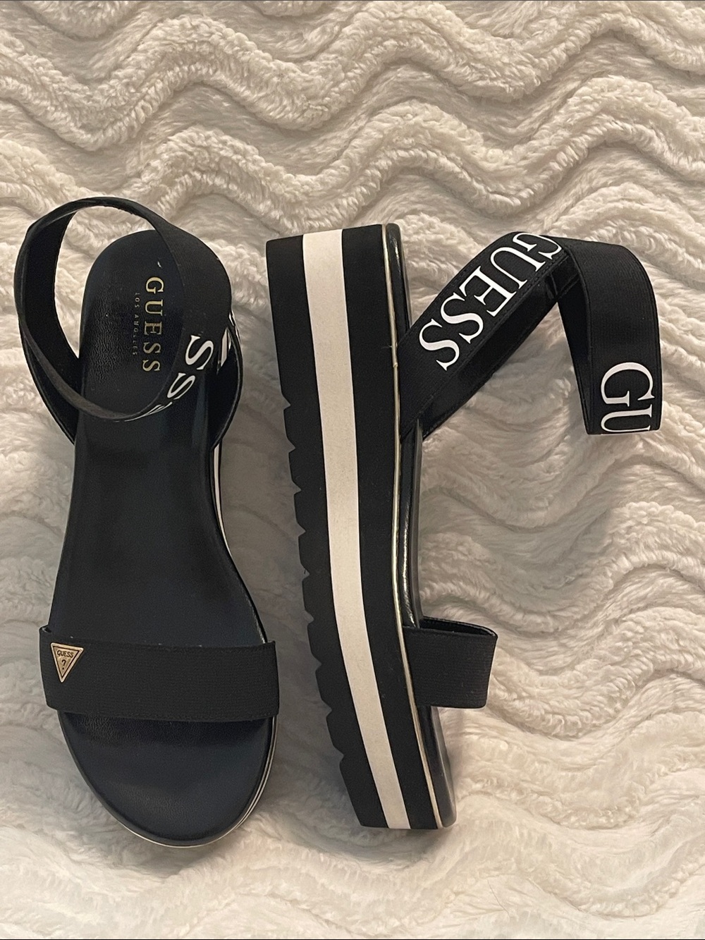 Guess Platform Sandals B&W Striped Sole and Logo Ankle Strap
